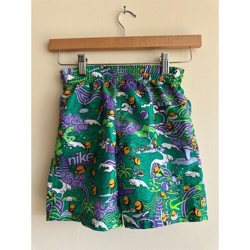 Nike Pool Party Lap Volley Shorts Boys Size 5-6 Green Purple Smiley Swim Trunks
